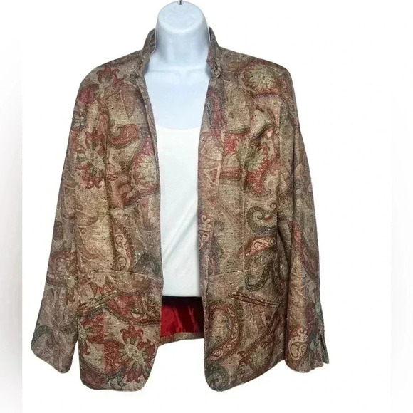 Coldwater Creek Jacket Button Up Mandarin Collar Retro Print Pockets Lined - Picture 1 of 9